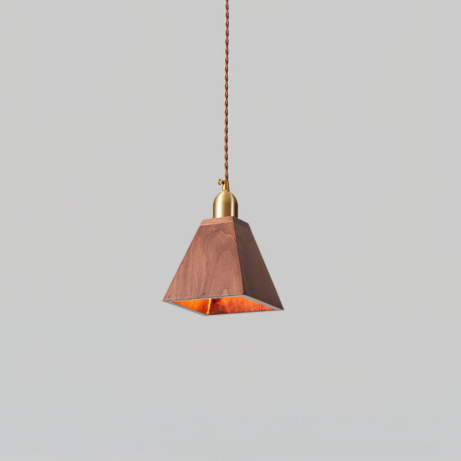 Walnut Finish Wood Pendant Lamp With Brass Accents